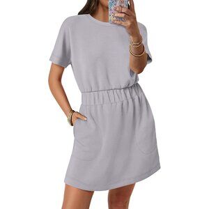 Anrabess Women Light Grey Crew Neck Elastic Waist Mini T Shirt Dress With Pocket